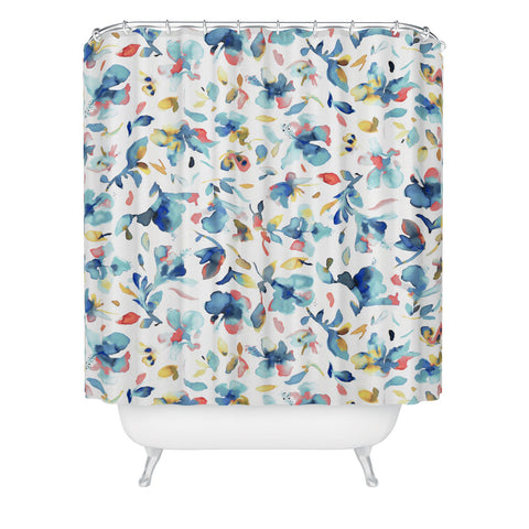 Ninola Design Blue Watercolor Hibiscus Floral Shower Curtain