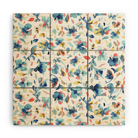 Ninola Design Blue Watercolor Hibiscus Floral Wood Wall Mural