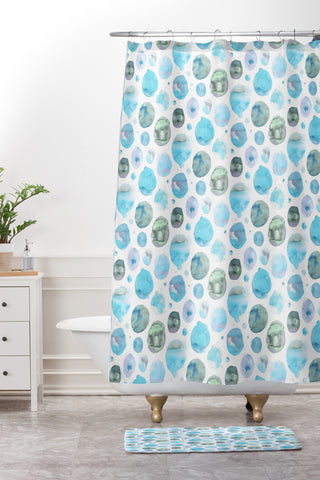 Ninola Design Blue Watercolor Polka Dots Shower Curtain And Mat