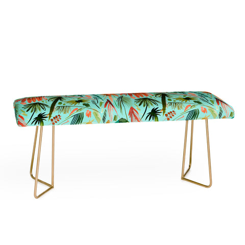 Ninola Design Brushstrokes Palms Turquoise Bench