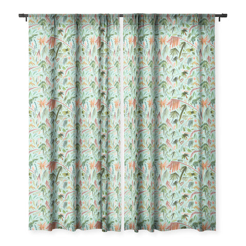 Ninola Design Brushstrokes Palms Turquoise Sheer Window Curtain