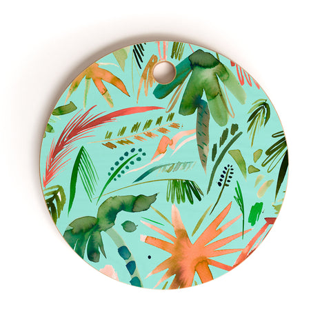 Ninola Design Brushstrokes Palms Turquoise Cutting Board Round
