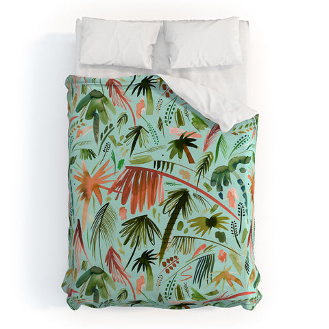 Ninola Design Brushstrokes Palms Turquoise Duvet Cover