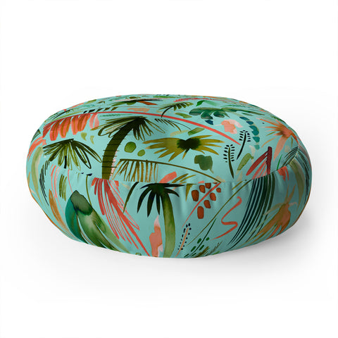 Ninola Design Brushstrokes Palms Turquoise Floor Pillow Round