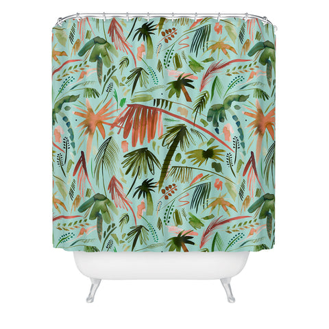 Ninola Design Brushstrokes Palms Turquoise Shower Curtain