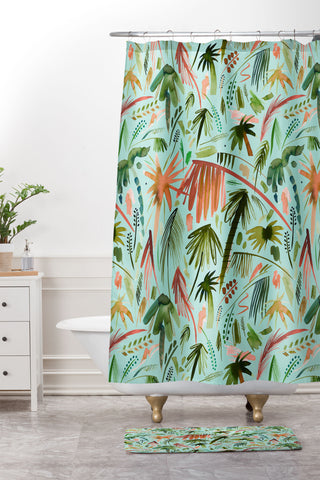 Ninola Design Brushstrokes Palms Turquoise Shower Curtain And Mat