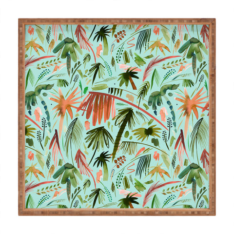 Ninola Design Brushstrokes Palms Turquoise Square Tray