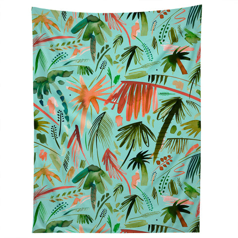 Ninola Design Brushstrokes Palms Turquoise Tapestry