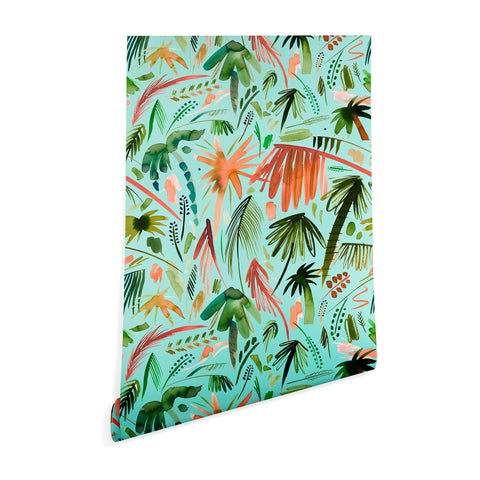 Ninola Design Brushstrokes Palms Turquoise Wallpaper