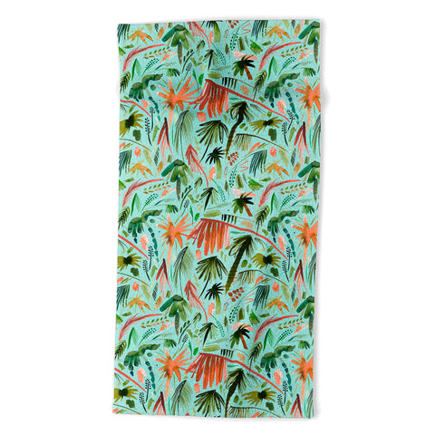 Ninola Design Brushstrokes Palms Turquoise Beach Towel