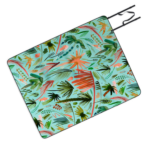 Ninola Design Brushstrokes Palms Turquoise Picnic Blanket