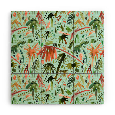 Ninola Design Brushstrokes Palms Turquoise Wood Wall Mural