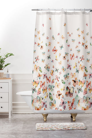 Ninola Design Butterflies watercolor gradation countryside Shower Curtain And Mat