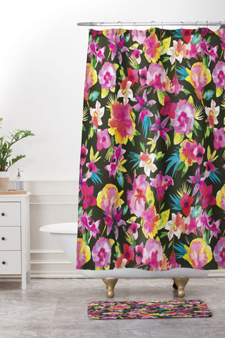 Ninola Design Caribbean Palms and Flowers Shower Curtain And Mat