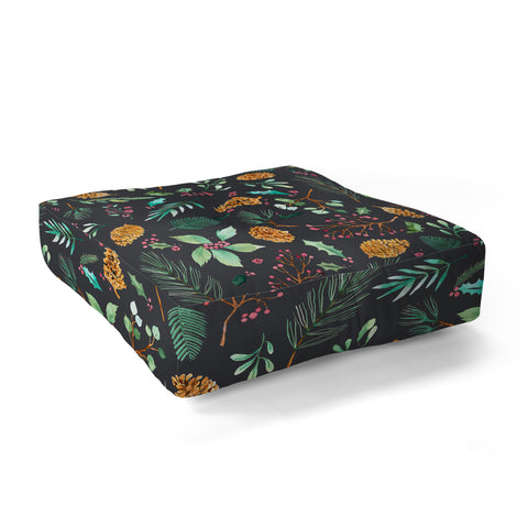 Ninola Design Christmas botanical charcoal Floor Pillow Square
