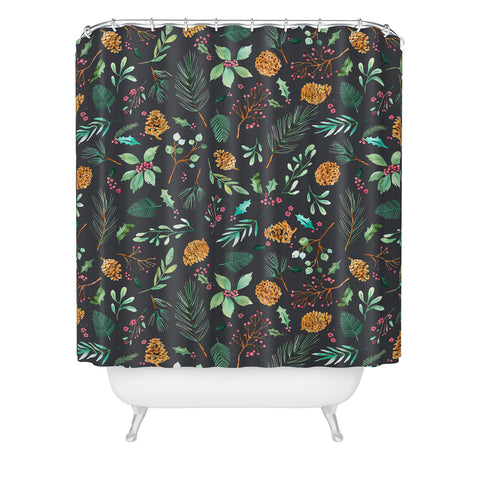 Ninola Design Christmas botanical charcoal Shower Curtain