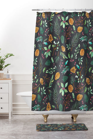 Ninola Design Christmas botanical charcoal Shower Curtain And Mat