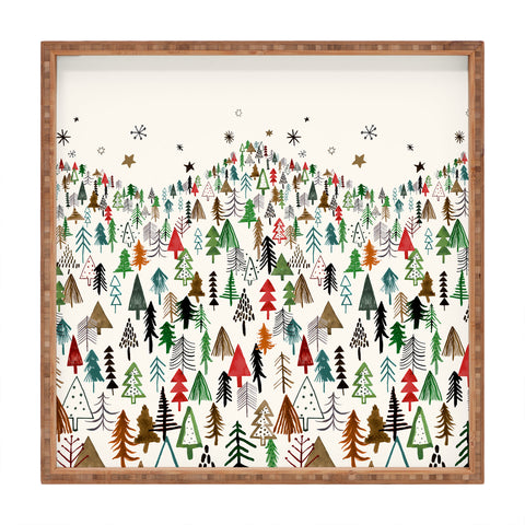 Ninola Design Christmas pines forest Red green Square Tray