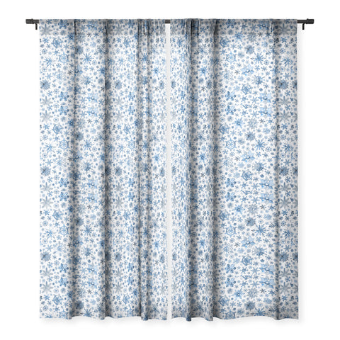 Ninola Design Christmas Stars Snowflakes Blue Sheer Window Curtain