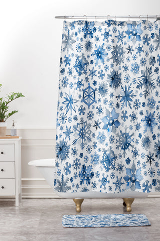 Ninola Design Christmas Stars Snowflakes Blue Shower Curtain And Mat