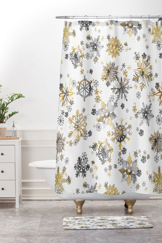 Ninola Design Christmas Stars Snowflakes Golden Shower Curtain And Mat