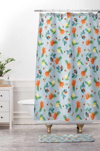 Ninola Design Citrus fruits Summer Blue Shower Curtain And Mat
