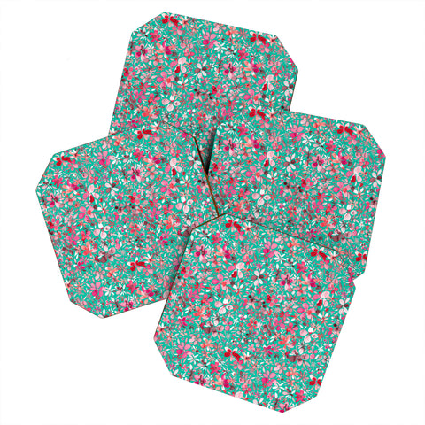 Ninola Design Colorful Flower Petals Green Coaster Set