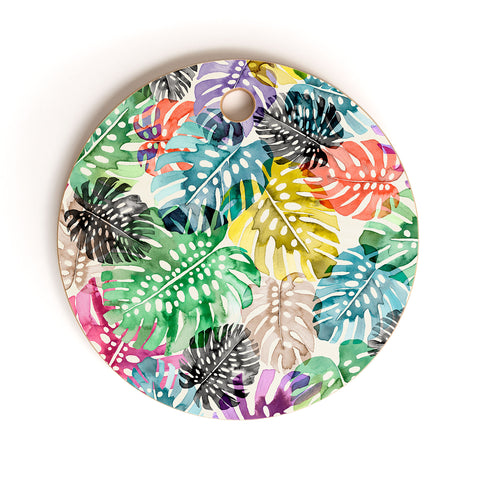 Ninola Design Colorful Tropical Monstera Leaves Cutting Board Round
