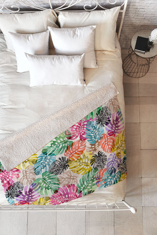 Ninola Design Colorful Tropical Monstera Leaves Fleece Throw Blanket