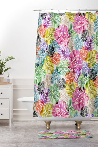 Ninola Design Colorful Tropical Monstera Leaves Shower Curtain And Mat