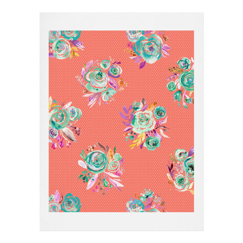 Ninola Design Coral and green sweet roses bouquets Art Print