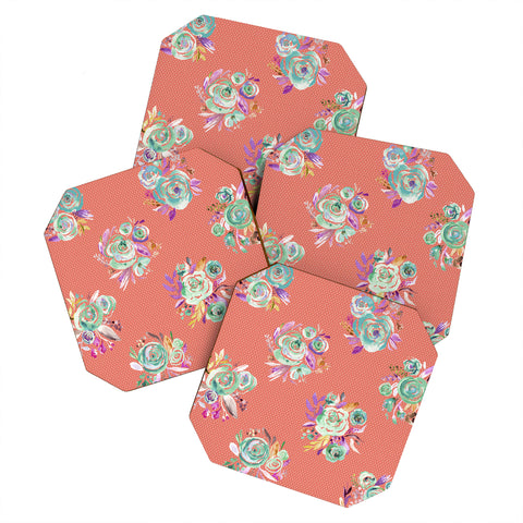 Ninola Design Coral and green sweet roses bouquets Coaster Set