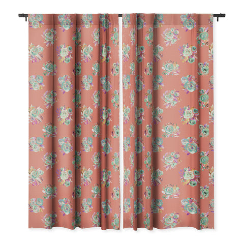 Ninola Design Coral and green sweet roses bouquets Blackout Window Curtain