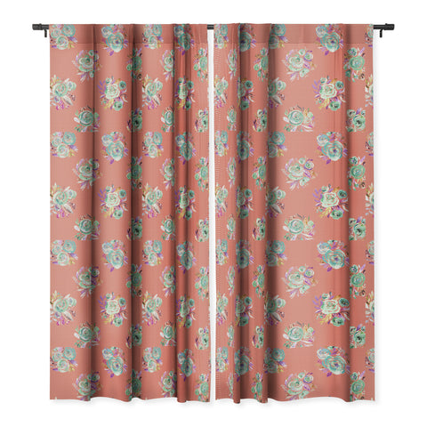 Ninola Design Coral and green sweet roses bouquets Blackout Window Curtain