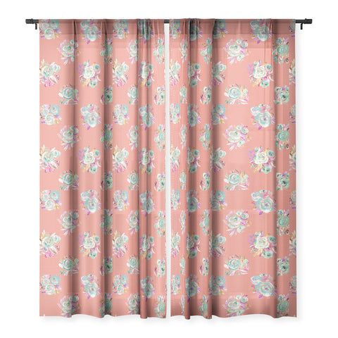 Ninola Design Coral and green sweet roses bouquets Sheer Window Curtain