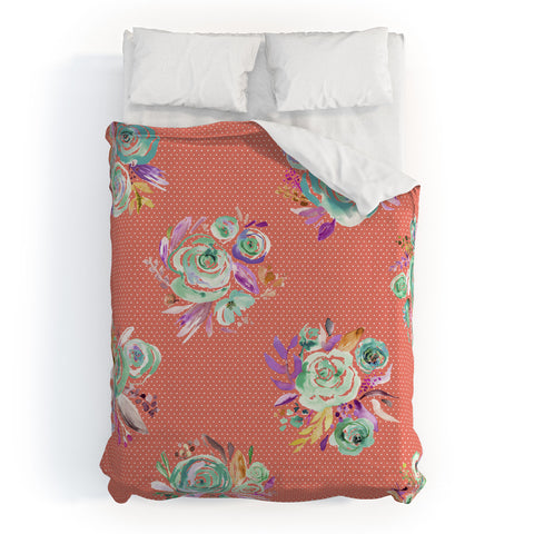 Ninola Design Coral and green sweet roses bouquets Duvet Cover