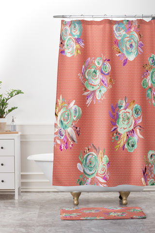 Ninola Design Coral and green sweet roses bouquets Shower Curtain And Mat