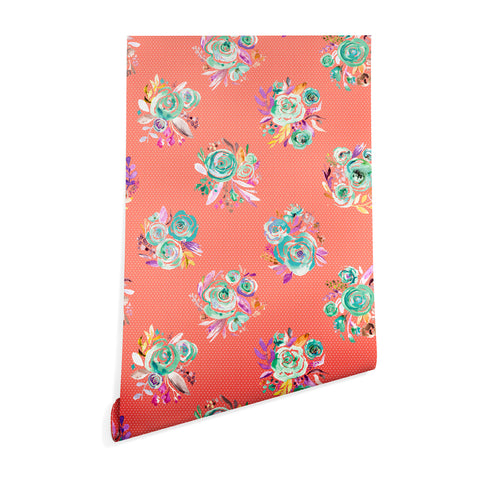 Ninola Design Coral and green sweet roses bouquets Wallpaper