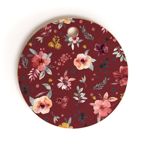 Ninola Design Countryside Floral Dark Red Cutting Board Round