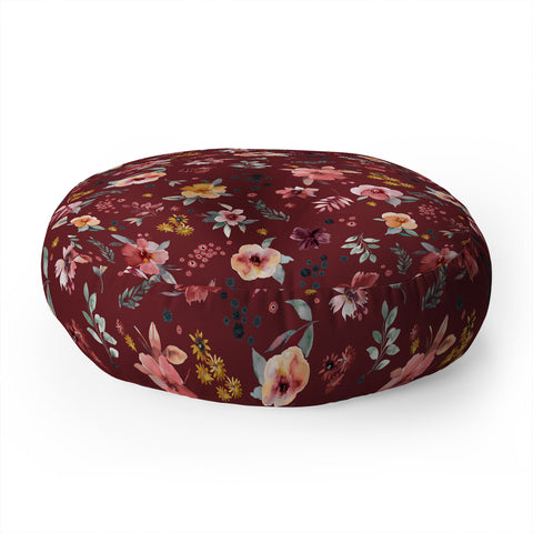 Ninola Design Countryside Floral Dark Red Floor Pillow Round