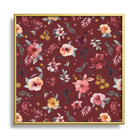 Ninola Design Countryside Floral Dark Red Metal Square Framed Art Print