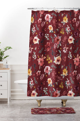 Ninola Design Countryside Floral Dark Red Shower Curtain And Mat