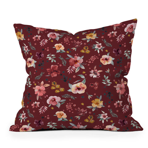 Ninola Design Countryside Floral Dark Red Throw Pillow