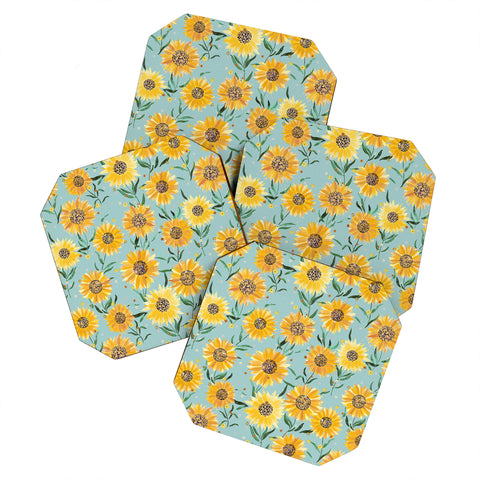 Ninola Design Countryside sunflowers summer Blue Coaster Set