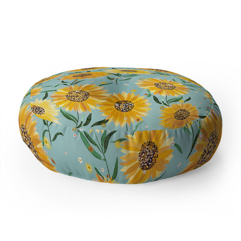 Ninola Design Countryside sunflowers summer Blue Floor Pillow Round