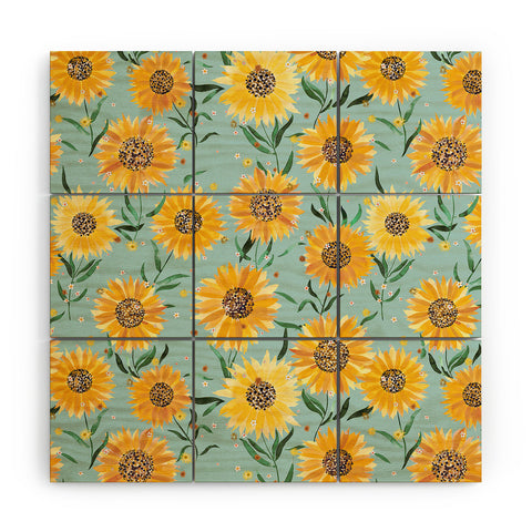 Ninola Design Countryside sunflowers summer Blue Wood Wall Mural