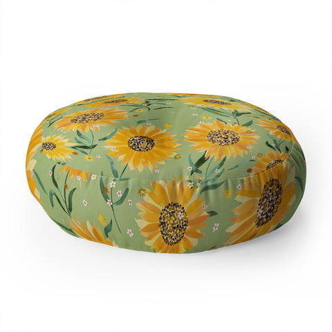 Ninola Design Countryside sunflowers summer Green Floor Pillow Round