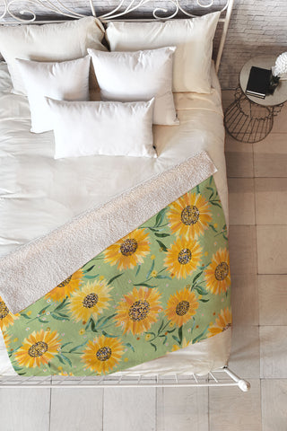 Ninola Design Countryside sunflowers summer Green Fleece Throw Blanket