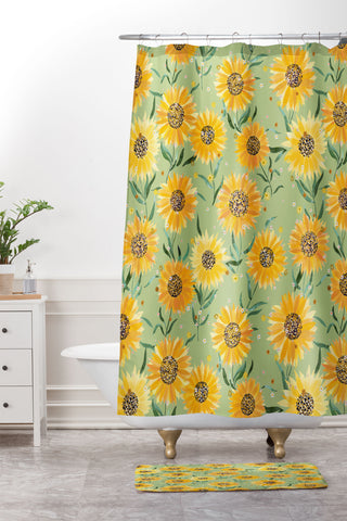 Ninola Design Countryside sunflowers summer Green Shower Curtain And Mat