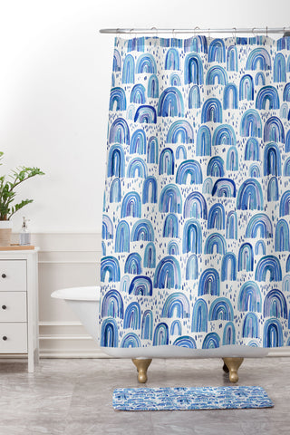 Ninola Design Cute Blue Rainbows Shower Curtain And Mat